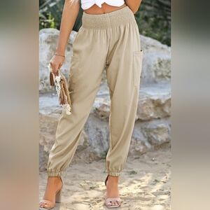 DOKOTOO | Women's Beige Smocked High-Waisted Wide Ankle Length Pants